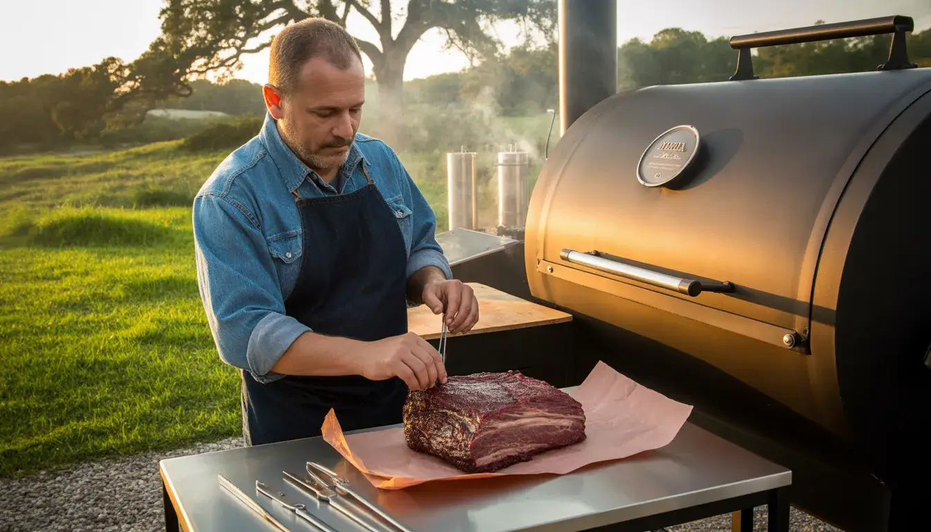 A seasoned pit master wrapping a juicy brisket in butcher paper, positioned outside next to a large, smoky BBQ smoker.