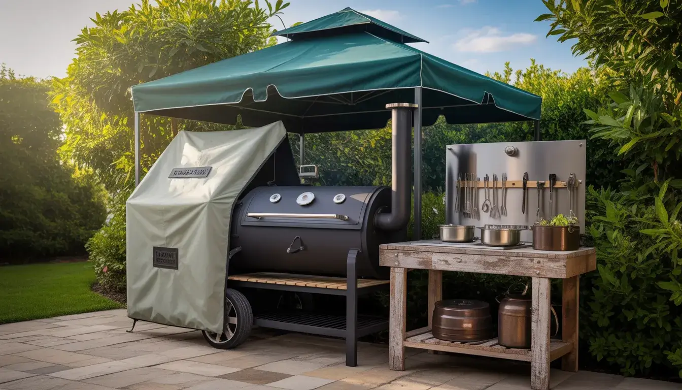 A detailed image of a smoker setup designed with comprehensive weather protection measures.